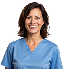 Fototapeta premium Smiling Middle-Aged Female Healthcare Worker in Scrubs with Short Brown Hair Against a transparent background