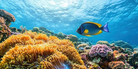 A serene underwater view of surgeonfish exploring a vibrant reef ecosystem, surrounded by swaying anemones