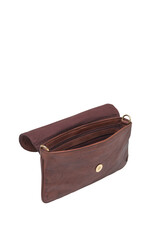 Open brown leather shoulder bag interior view with gold accents on white. Cut out isolated on white...