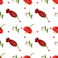 A seamless folk art vector pattern featuring red flowers and green leaves on a white background. The design includes various floral shapes and small red dots, creating a vibrant and cheerful look.