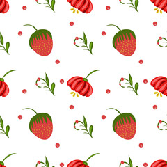 A seamless folk art vector pattern featuring red strawberries, red flowers, and green leaves on a white background. The design is playful and vibrant, suitable for textiles or wallpapers.