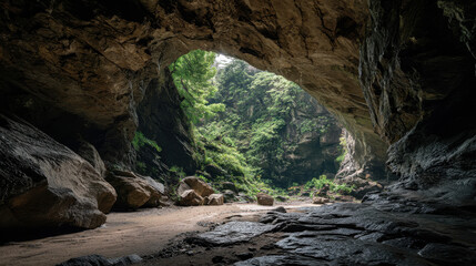 Sunlight streams into a cave opening revealing lush green vegetation outside, creating a beautiful contrast between darkness and light in the natural environment.