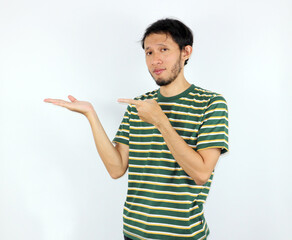 Man Presenting Empty Hand and Pointing Finger on White Background