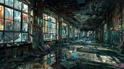 Fototapeta premium Abandoned factory interior with broken windows.