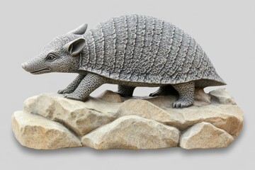 Obraz premium Gray armadillo figurine atop a stony, textured base.