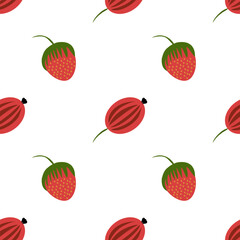 A seamless folk art vector pattern featuring stylized strawberries and gooseberries on a white background. The design showcases vibrant red strawberries with green tops and oval-shaped gooseberries.