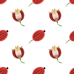 A seamless folk art vector pattern featuring stylized red flowers with yellow stamens and green stems on a white background. The design is vibrant and modern, suitable for textiles or wallpapers.