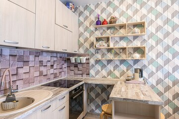 interior apartment kitchen and dining room, refectory area, cooking equipment, table furniture,...