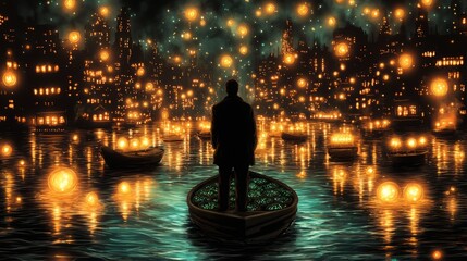 Food security sustainability. A silhouette stands in a boat surrounded by glowing lanterns on water, creating a serene and mystical atmosphere in a cityscape.