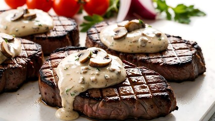 A close-up photograph featuring grilled filet mignon steaks.
