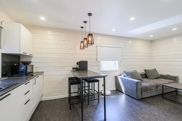 interior apartment kitchen and dining room, refectory area, cooking equipment, table furniture, stove