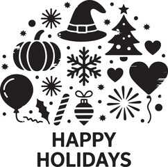 Holiday Icon Pack � Black Silhouette Style Pumpkin, Witch Hat, Christmas Tree, Snowflake, Heart, Balloon, Fireworks