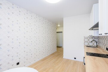 interior apartment kitchen and dining room, refectory area, cooking equipment, table furniture, stove