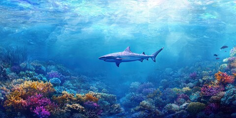Fototapeta premium A sleek reef shark swimming above a coral reef in clear blue tropical waters