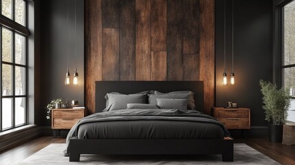 Modern Bedroom, Dark Wood, Cozy Interior