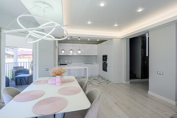 interior apartment kitchen and dining room, refectory area, cooking equipment, table furniture,...