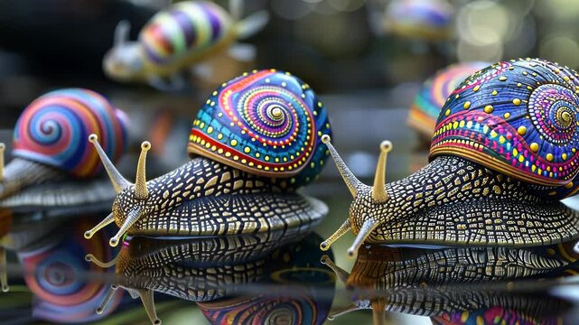 Close-up of vibrant, futuristic snails with intricately designed shells, featuring swirling patterns and bright colors on reflective surfaces.