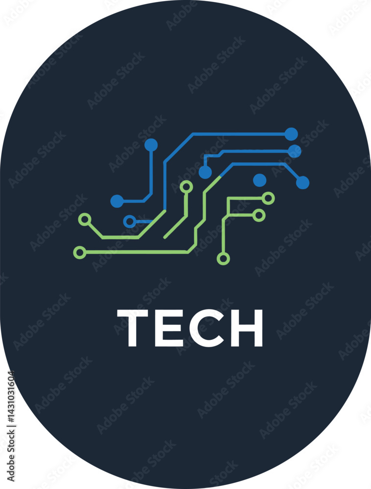 Poster tech logo design with blue and green circuit board elements on dark background vector illustration