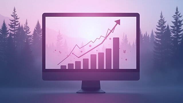 Computer Monitor with Growing Chart Overlaid on Forest Landscape
