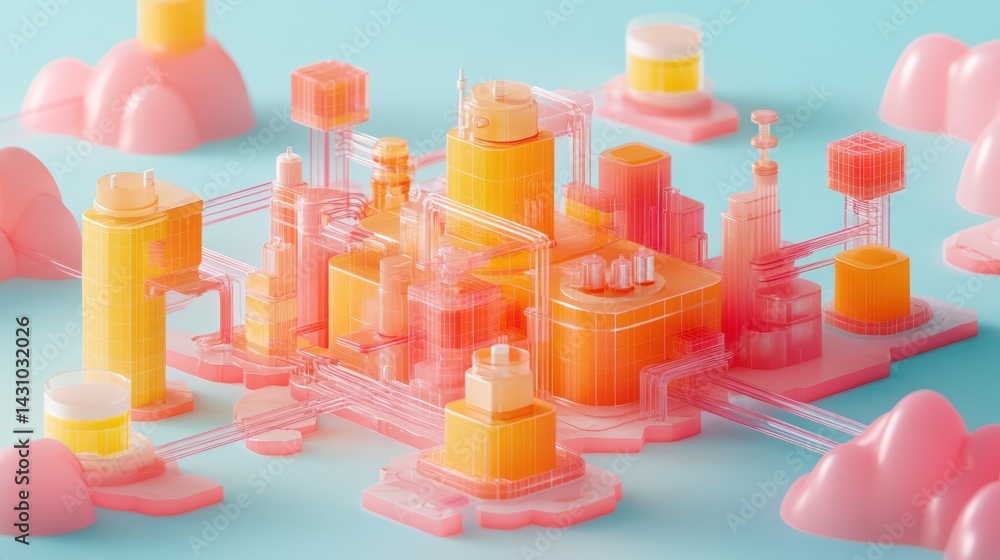Poster pastel cityscape with connected structures