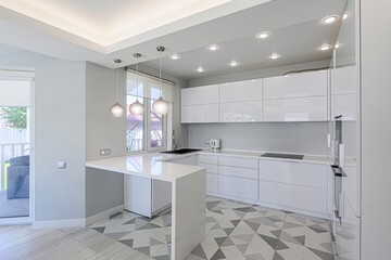 interior apartment kitchen and dining room, refectory area, cooking equipment, table furniture,...