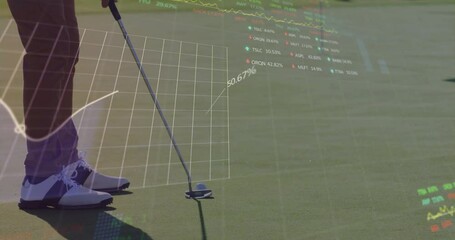 Male golfer's lower body standing on putting green, overlaying finance charts and stock data - Powered by Adobe