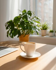 Fototapeta premium Coffee break workspace aesthetic bright home office with indoor plants and a warm coffee atmosphere