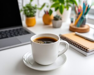 Coffee break workspace aesthetic bright desktop stationery and plants in a modern environment