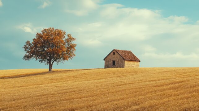 Autumnal field, lone tree, rustic hut, scenic view, peaceful landscape