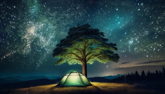 Luminous green tree and tent under the stars milky way