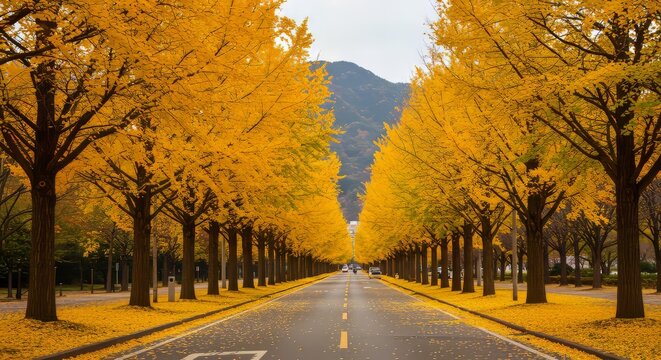 Driving Through Yellow Tree Lined Road in Autumn Landscape View
