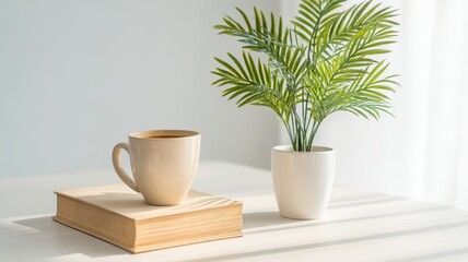 Coffee break aesthetic at home office workspace indoor plants minimalist decor bright sunlit environment