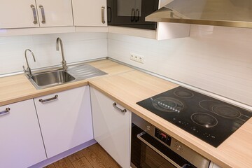 interior apartment kitchen and dining room, refectory area, cooking equipment, table furniture,...