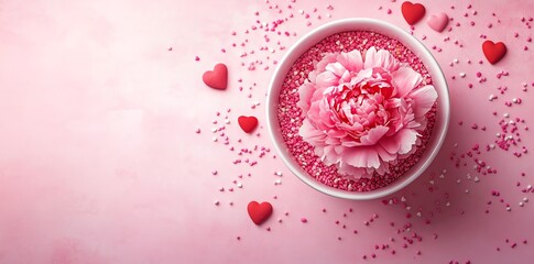 Fototapeta premium Pink Peony Flower in Bowl with Sprinkles and Hearts