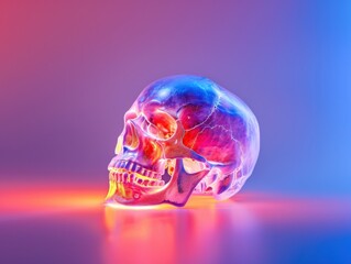 Colorful glass skull with vibrant lighting effects.