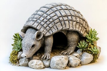 Fototapeta premium Gray armadillo figurine nestled in a rock and succulent display.