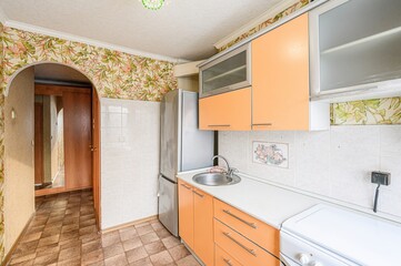 interior apartment kitchen and dining room, refectory area, cooking equipment, table furniture, stove