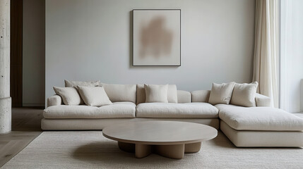 Modern minimalist living room with beige sofa and round coffee table