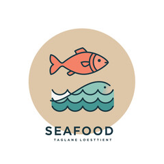 Seafood logo design with fish and ocean waves in circle shape vector illustration 