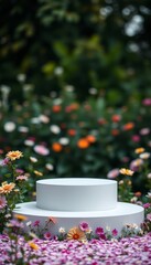 Empty white display podium in a vibrant garden with daisies. Spring, floral concept with copy space for product placement.