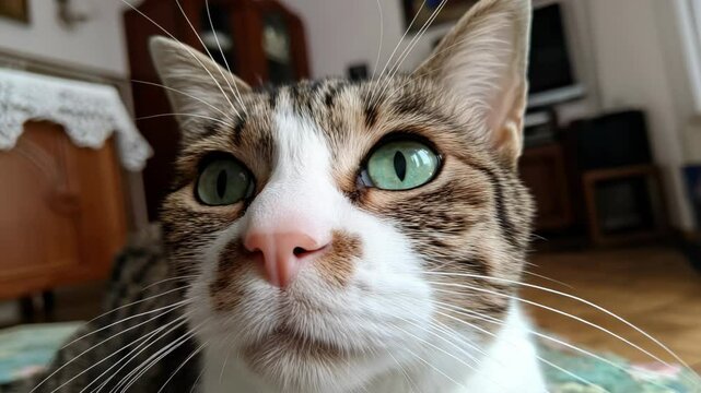 Close up of a cute tabby cat's face showing large green eyes, pink nose, white whiskers and brown striped fur patterns in soft focus