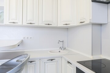 interior apartment kitchen and dining room, refectory area, cooking equipment, table furniture, stove