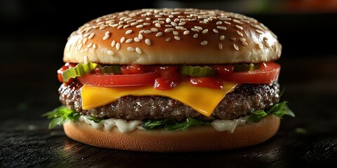 Juicy cheeseburger with fresh toppings served on a sesame seed bun at a fast food restaurant near sunset