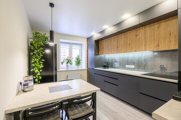 interior apartment kitchen and dining room, refectory area, cooking equipment, table furniture, stove