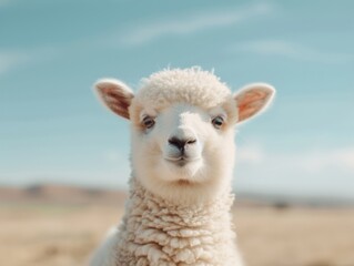 Fototapeta premium Cute lamb with fluffy wool in a sunny field.
