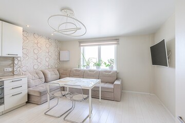 interior apartment kitchen and dining room, refectory area, cooking equipment, table furniture, stove