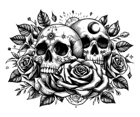 "Roses and Skull: Bold Vector Design, 
Vector art combining dramatic skull and detailed roses. A symbol of beauty and transience, ideal for edgy designs, tattoos or unique artistic decorations.