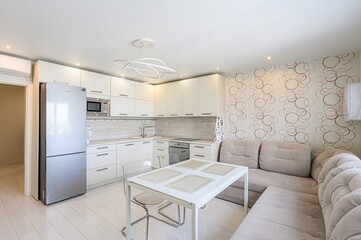 interior apartment kitchen and dining room, refectory area, cooking equipment, table furniture, stove