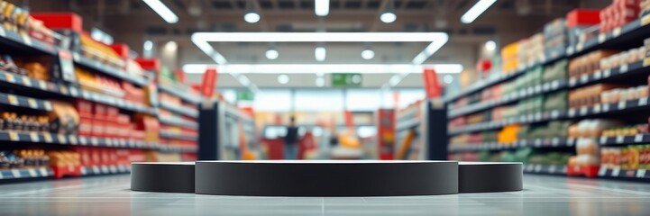 Fototapeta premium Description (Under 200 characters):Empty white display podium in a blurred supermarket aisle. Retail, grocery concept with copy space for product placement.