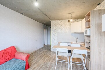 interior apartment kitchen and dining room, refectory area, cooking equipment, table furniture, stove